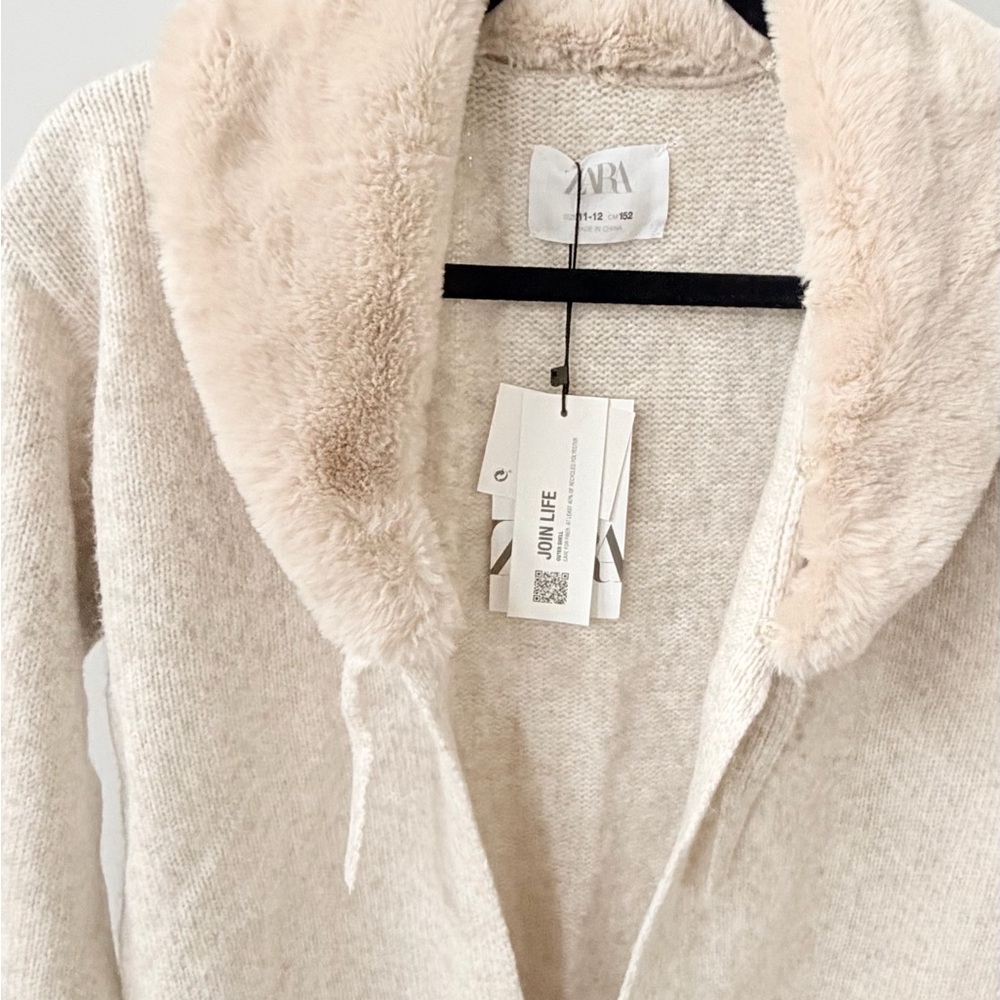 ZARA Beige/Cream Teddy Jacket with Faux-Fur Collar